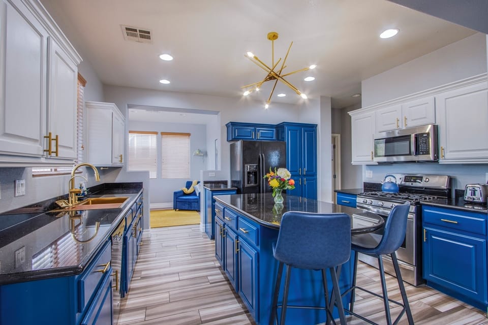Newly renovated Kitchen, gold sink, black granite and gold fleck countertops
