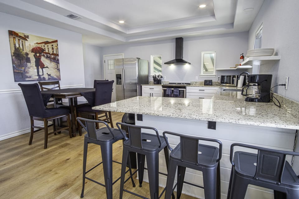 Ample counter space with multiple seating areas