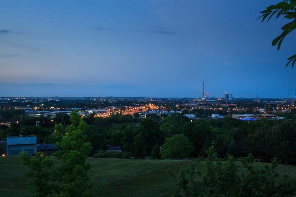 A nighttime view of the city skyline, illuminated by sparkling lights and surrounded by greenery, offering a serene outlook.

