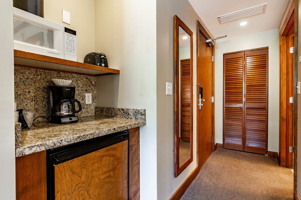 Microwave, Mini Fridge, and Coffee Maker