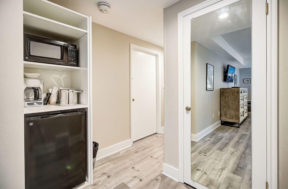 Microwave, Coffee Maker, and Mini Fridge