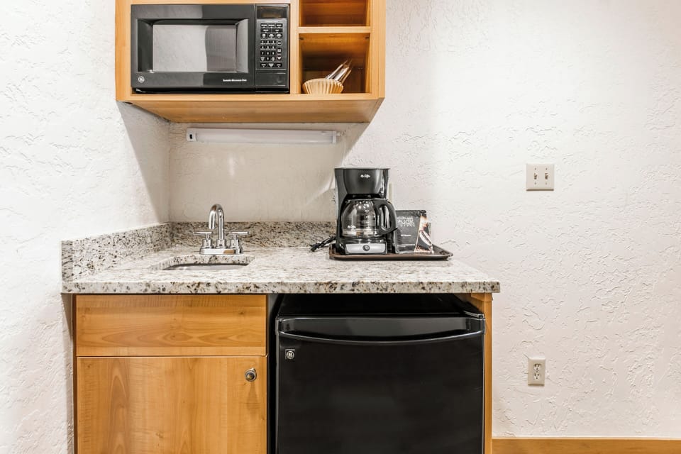 Sink, Coffee Maker, Microwave, and Mini Fridge