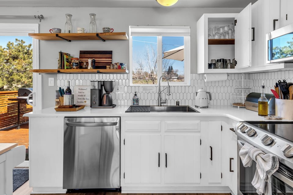 Kitchen with mountain views in the backyard.