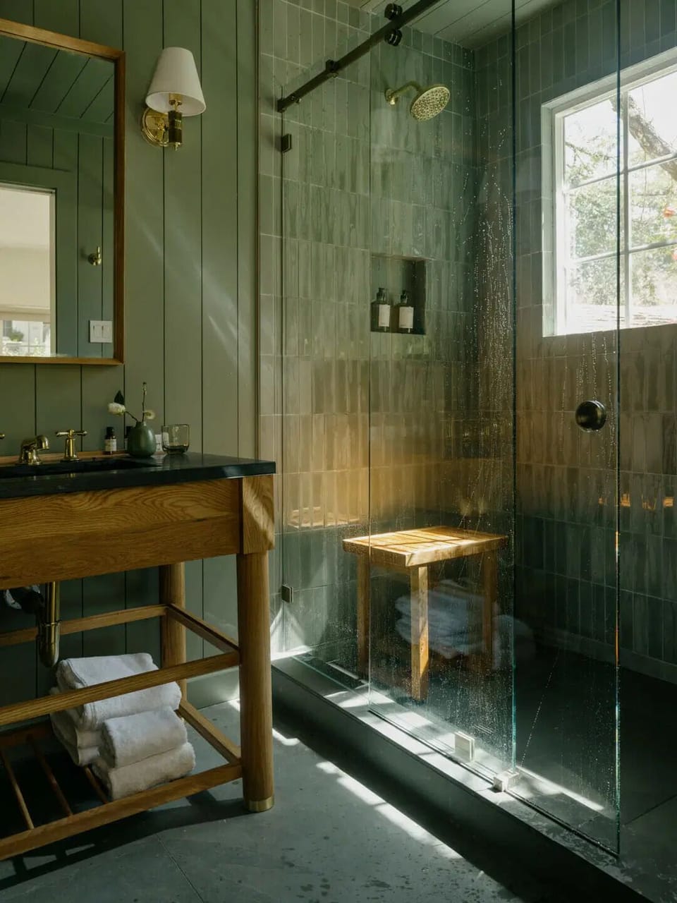 Refresh under a spa-like rain shower in soothing light.