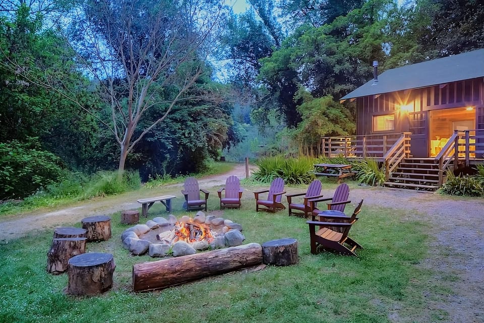 Toast marshmallows around the backyard fire under forest skies.