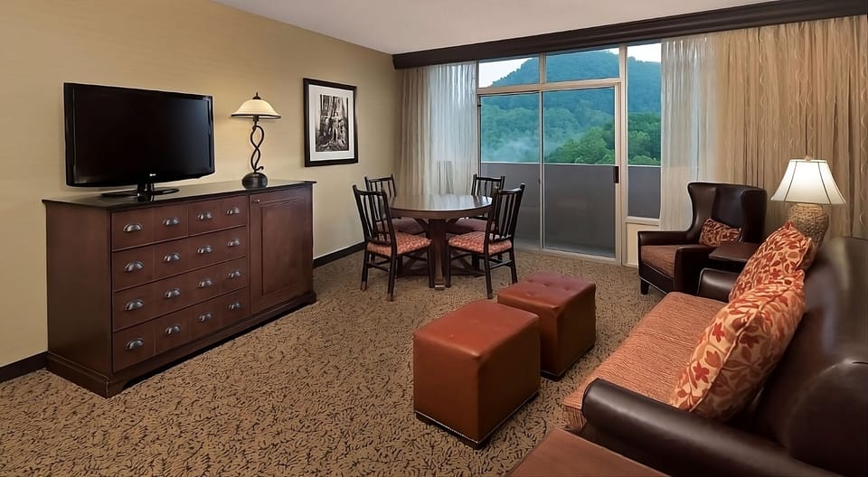 Unwind in a spacious lounge with serene mountain scenery.
