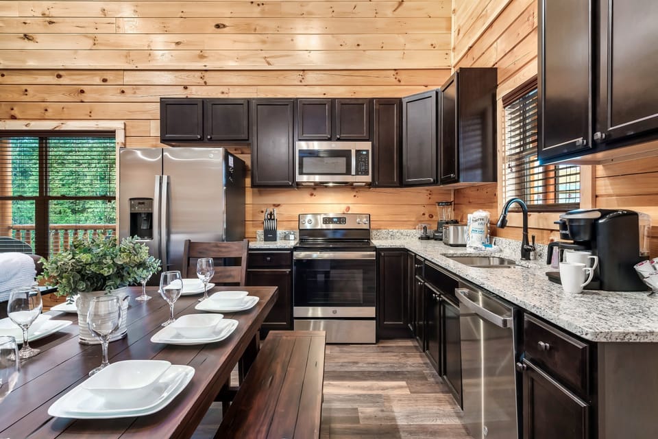 The fully stocked kitchen is a culinary haven, equipped with all essentials
