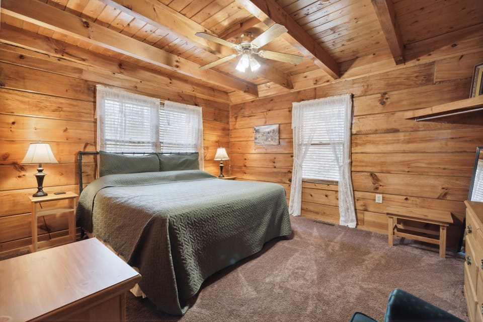 Indoors, Hardwood, Stained Wood, Ceiling Fan, Bed