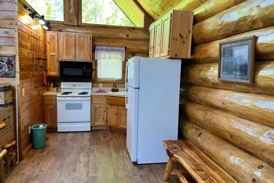 Indoors, Hardwood, Stained Wood, Refrigerator, Microwave