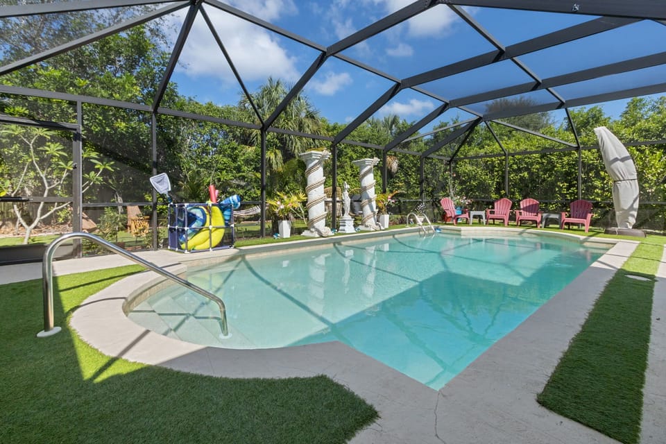 Enjoy the warm pool with plenty of swimming toys.