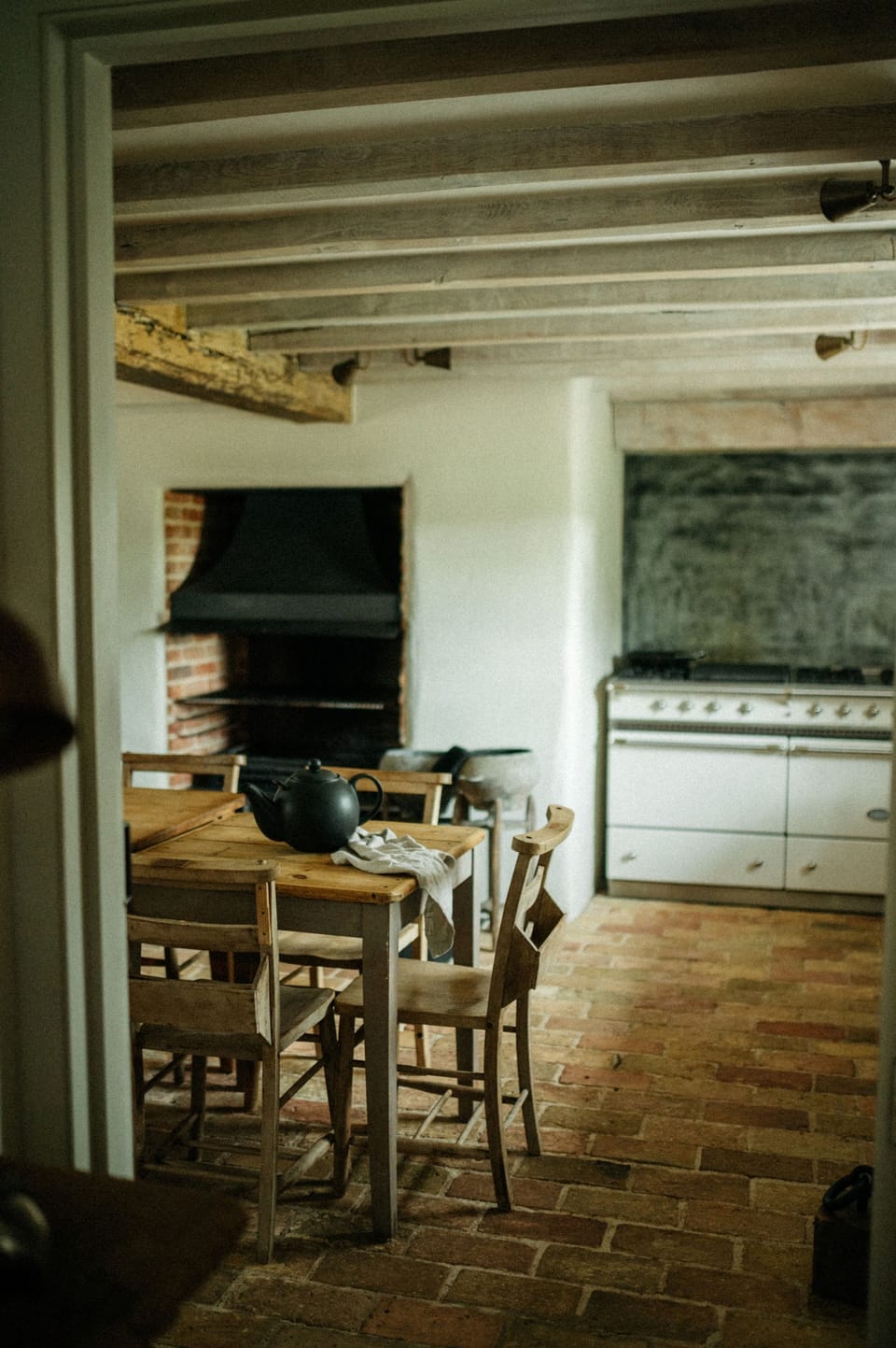 Durns Kitchen, LaCanche range and open working fire for cooking.