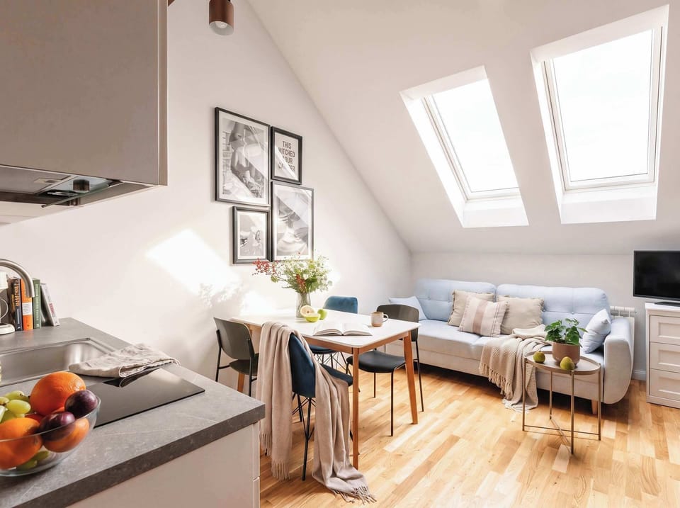 In the living room there is a sofa bed and kitchen with dining area