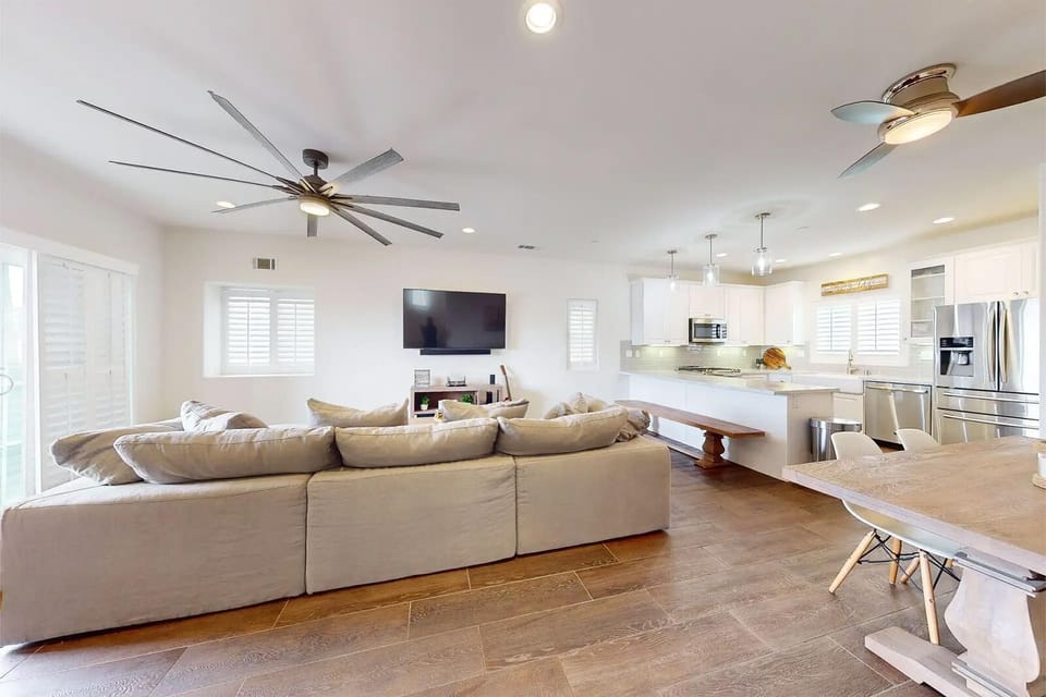 Spacious open-concept living area with modern comforts