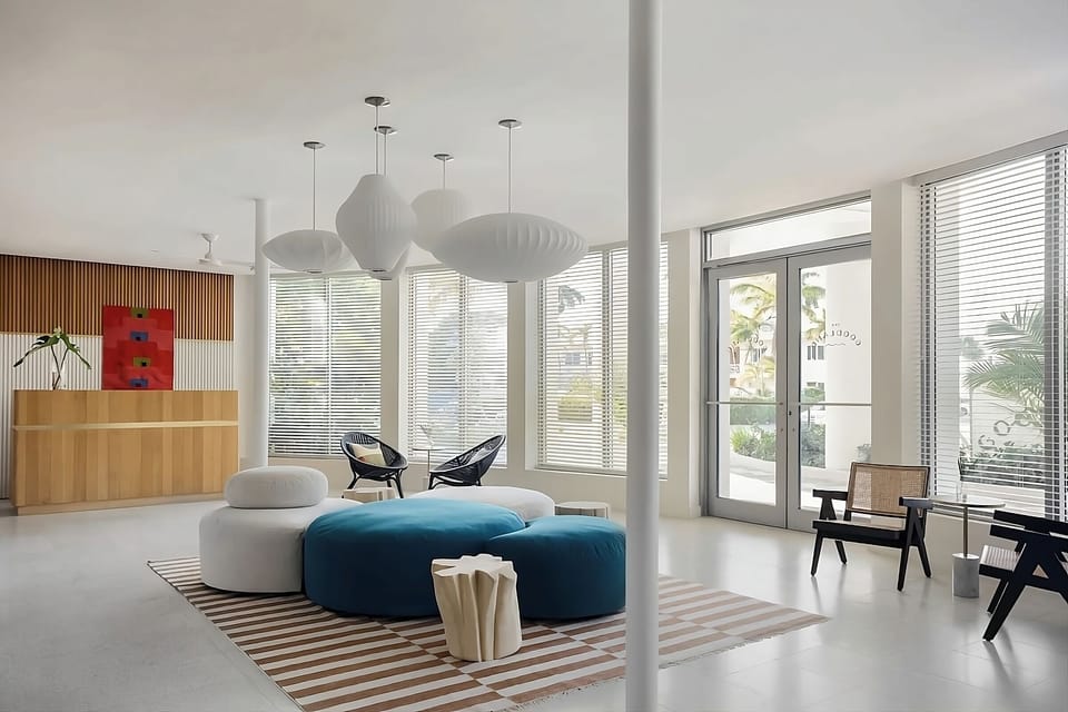 Settle in with bright lounge corners and breezy coastal style.