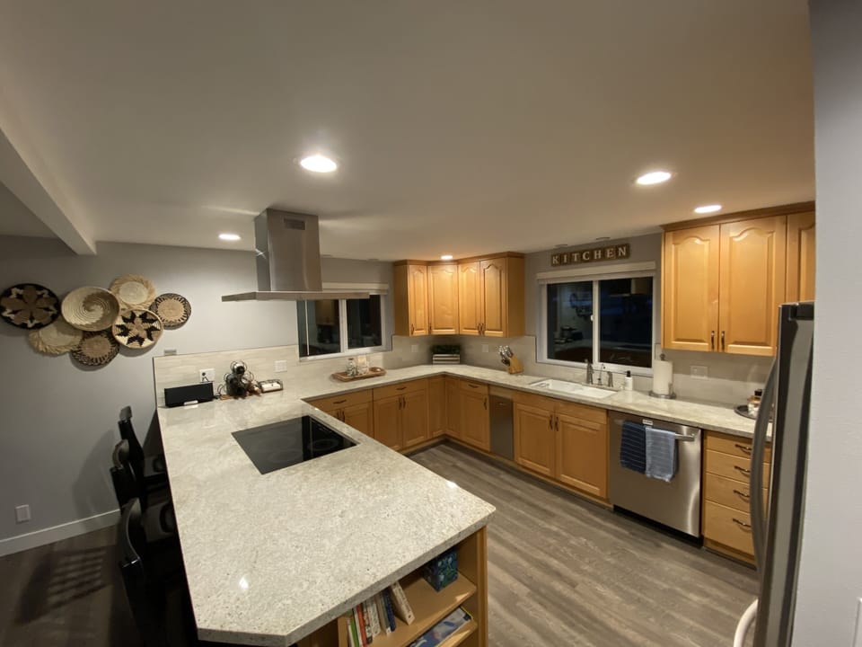 Chef's kitchen with induction stove, vent hood and lots of counter space.