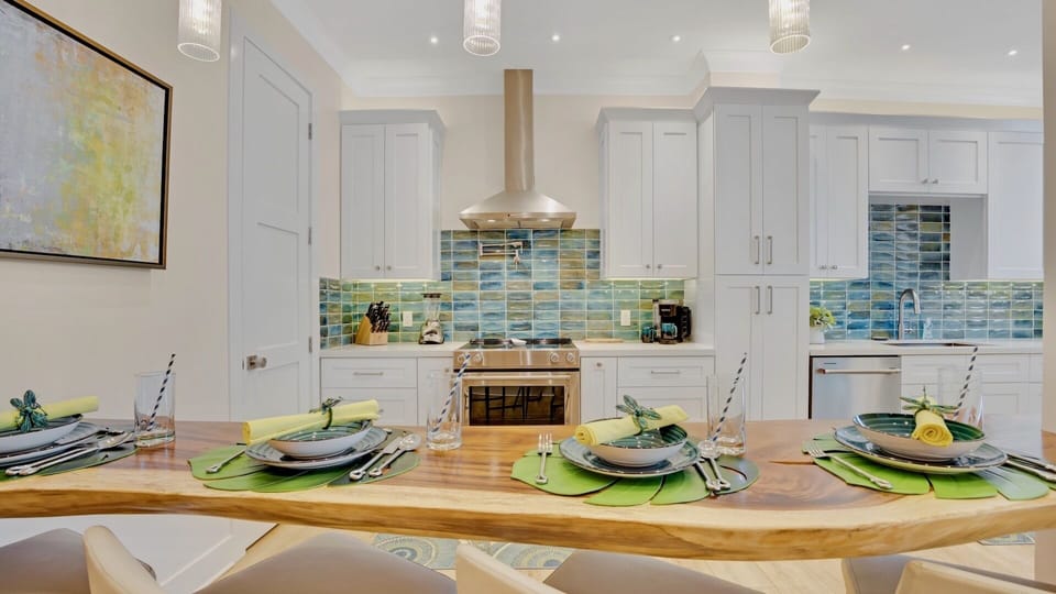 The natural wood kitchen bar...