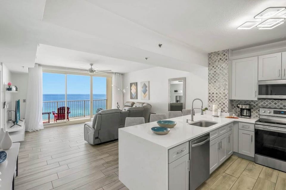 Kitchen and living room with gulf views