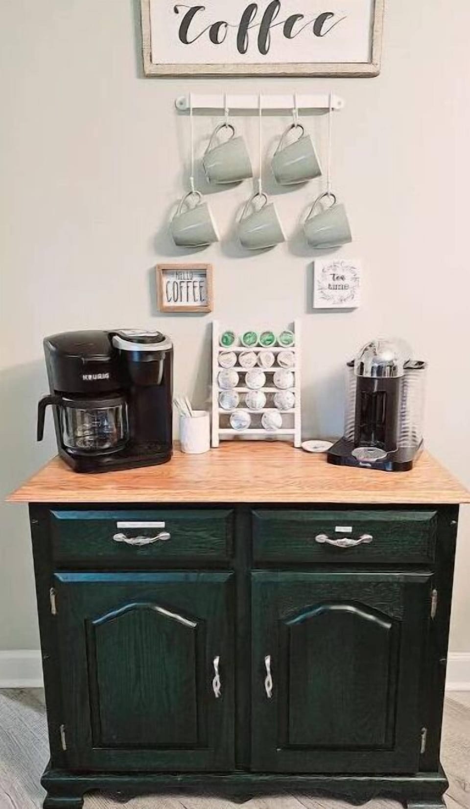 Fully stocked coffee station with tea as well as a Keurig and Nespresso machine