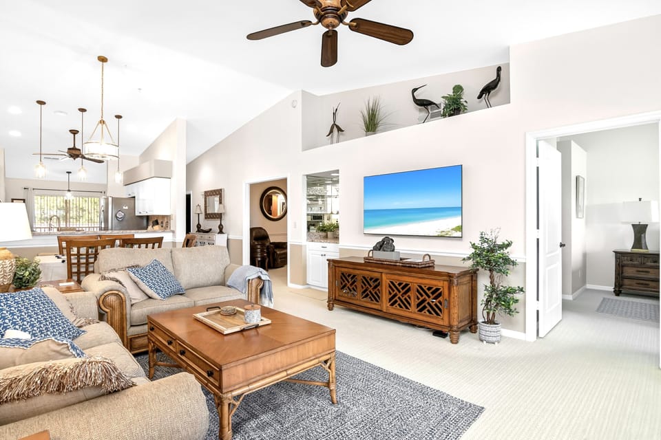 Tommy Bahama furniture, 65-inch, Samsung smart TV w/Roku and Xfinity cable. 
