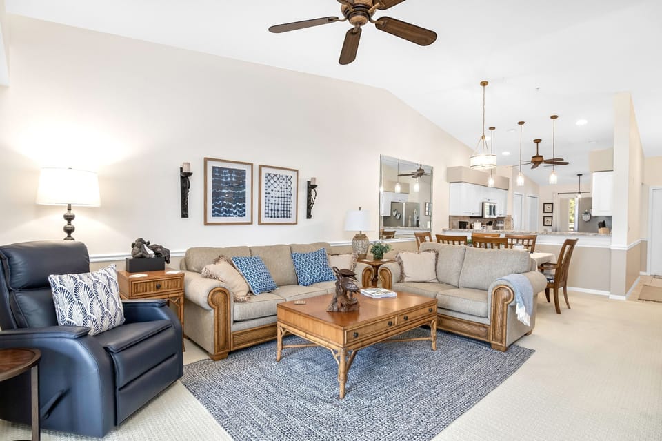 Bright, high, cathedral ceiling Living Room.