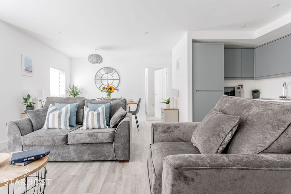 The apartment benefits from an open planned living space