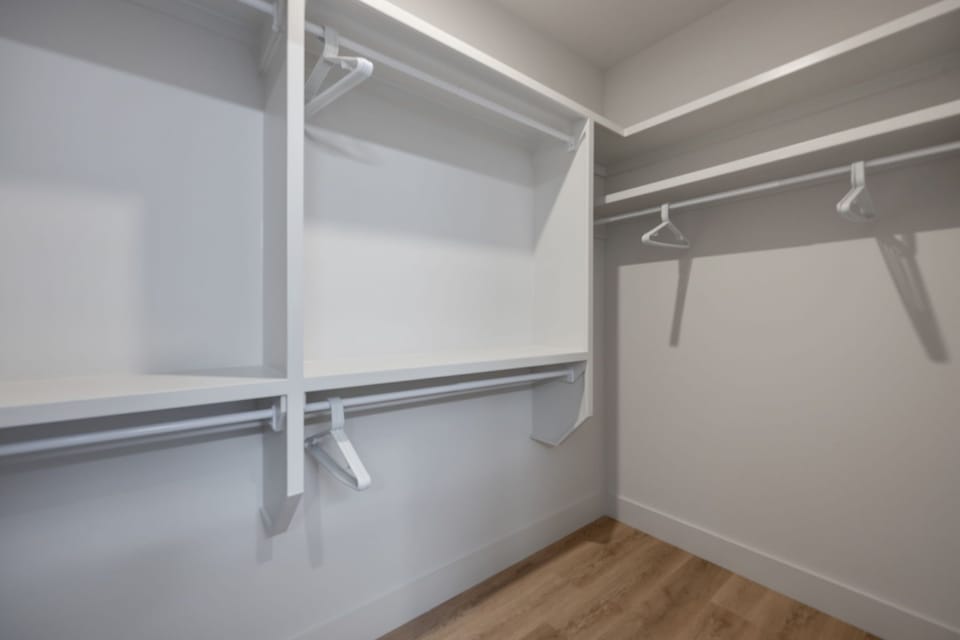 Primary Bathroom (Primary Bedroom en-suite) with dual vanity sinks, large walk-in closet, and stand-in shower.