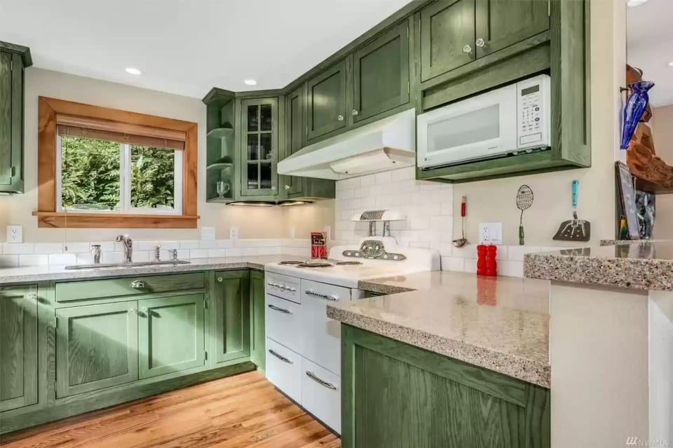 Modern kitchen, nature's green aesthetic.