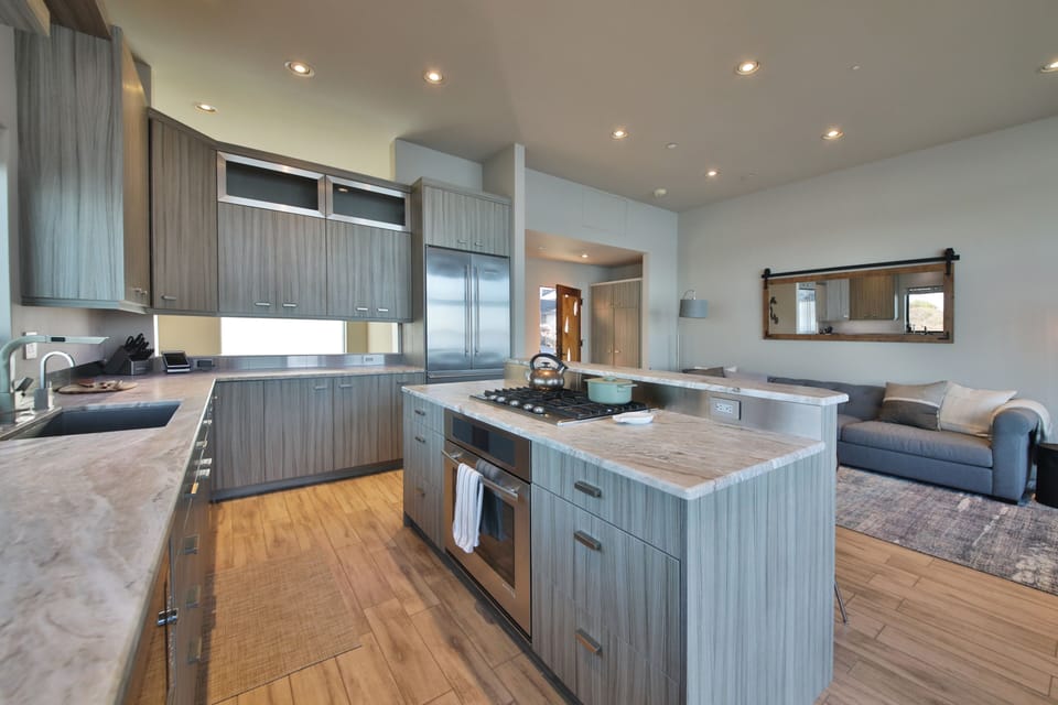 Modern and sleek appliances to match the spacious countertops.