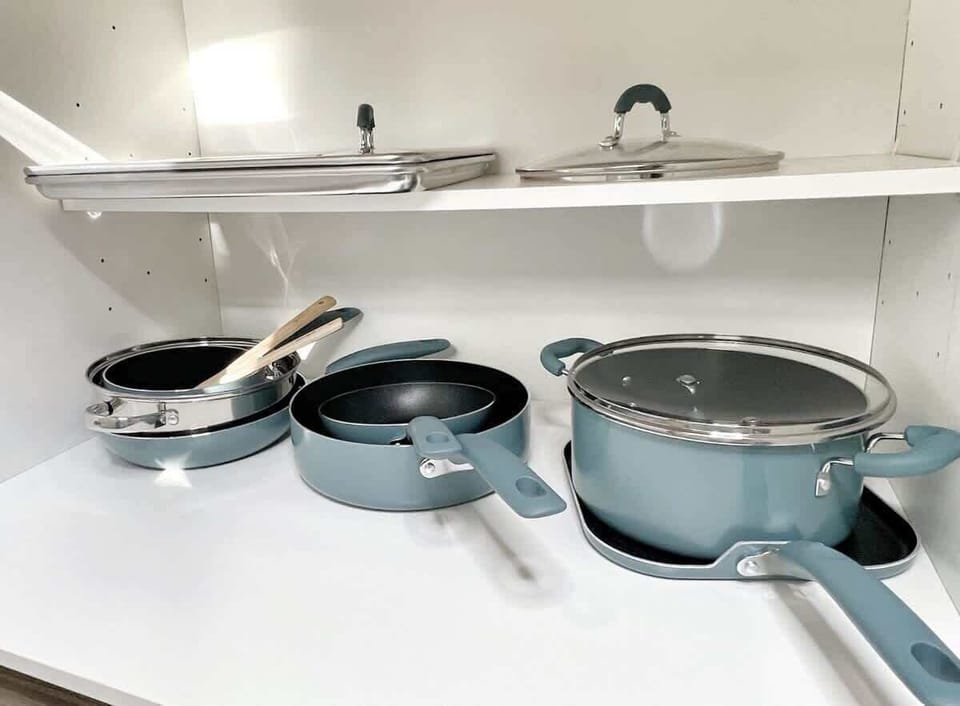 Fully stocked — cookware ready for family meals.