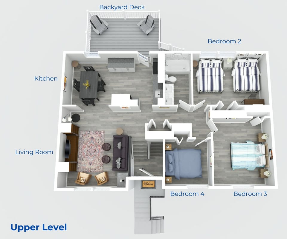 3D floor plan of the upper-level layout of the house.
