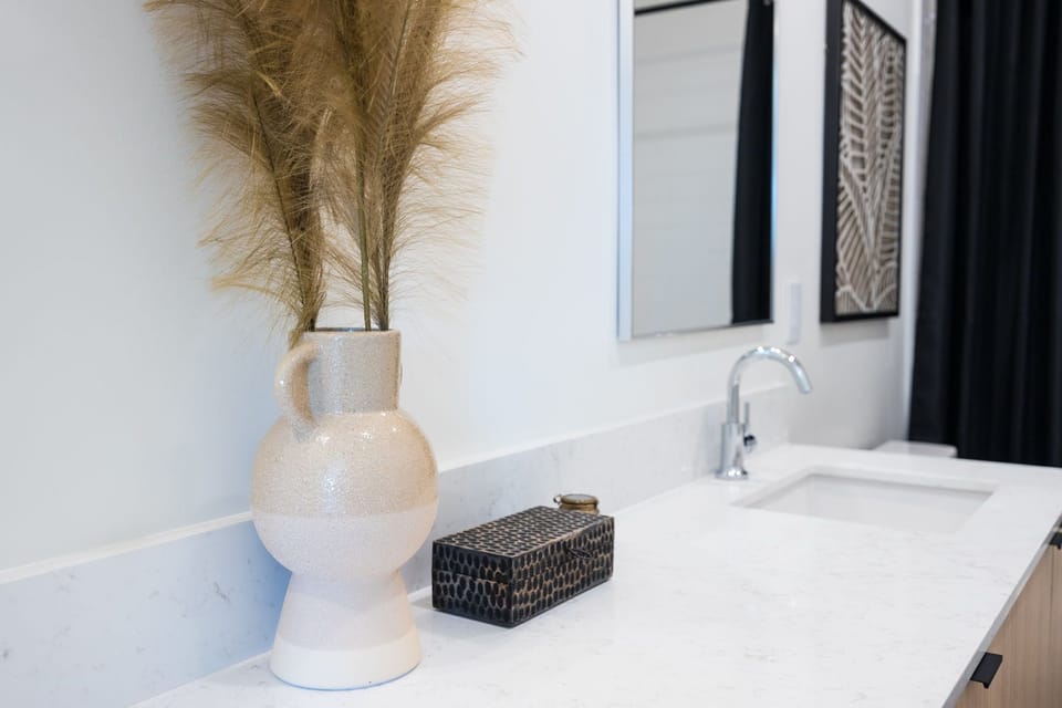 Primary bathroom with double vanity, shower/tub combo, and walk in closet.