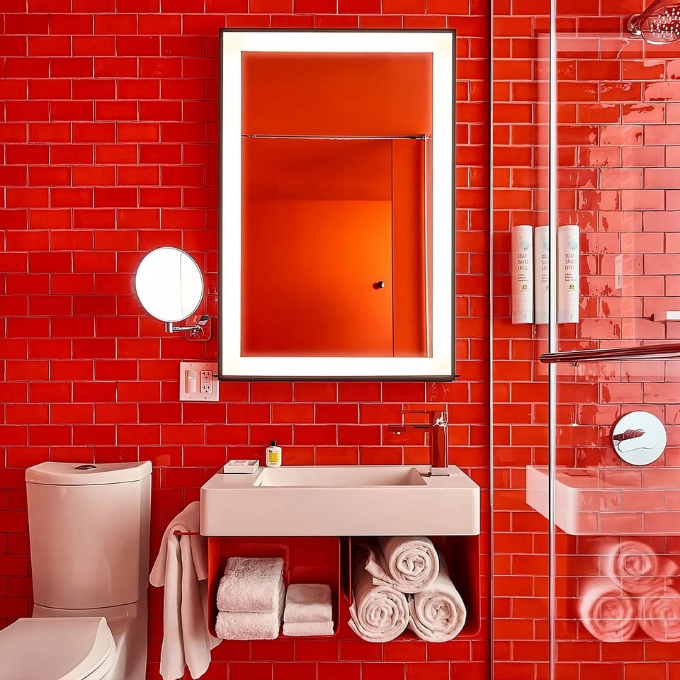 Refresh in a bold red-tiled bathroom with plush towels.