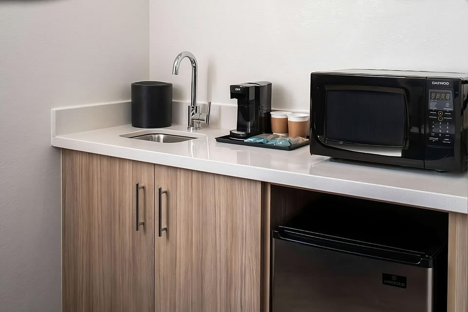 Fuel your day with coffee, snacks, and a handy kitchenette.