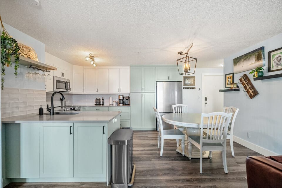 Fully redone kitchen with a drip coffee maker, ground coffee, tea, sugar, and basic condiments (ketchup, mustard, and relish.)