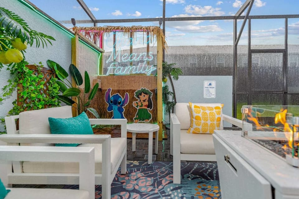 Share stories from your day around the Lilo and Stitch fire pit by the pool.