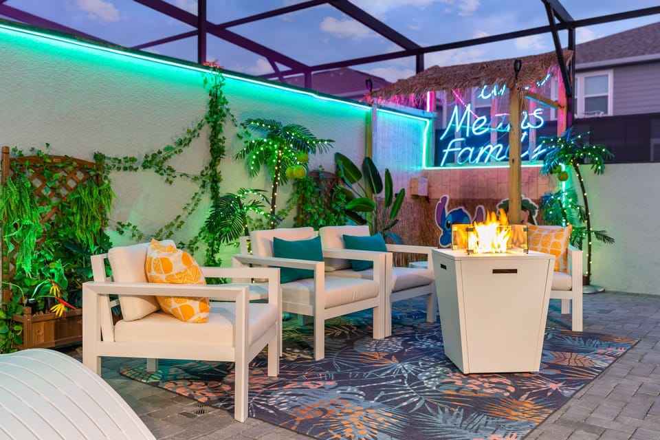 Outdoor Lilo and Stitch patio equipped with a fire pit and splash pool!