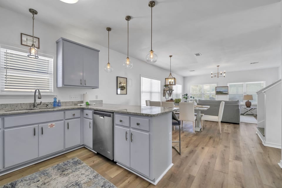 The beautiful kitchen is stocked with everything you need to stay in and cook