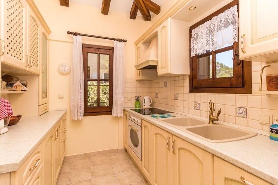 Comfortable kitchen with traditional decoration on the furniture and roof
