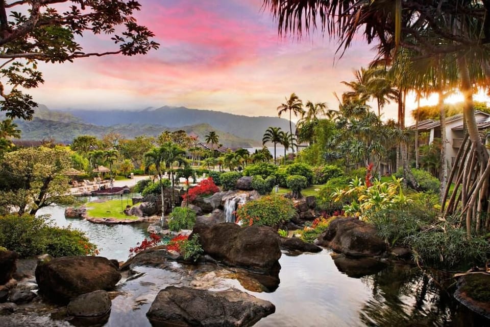 Wander through palm-lined lagoons beneath a glowing pink sky.