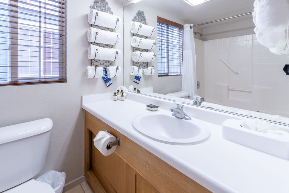 Pamper yourself with spacious counter space and fresh towels.