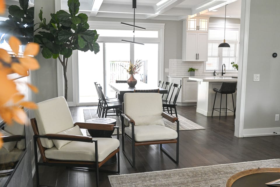 The view from the living room into the dining room and kitchen. 