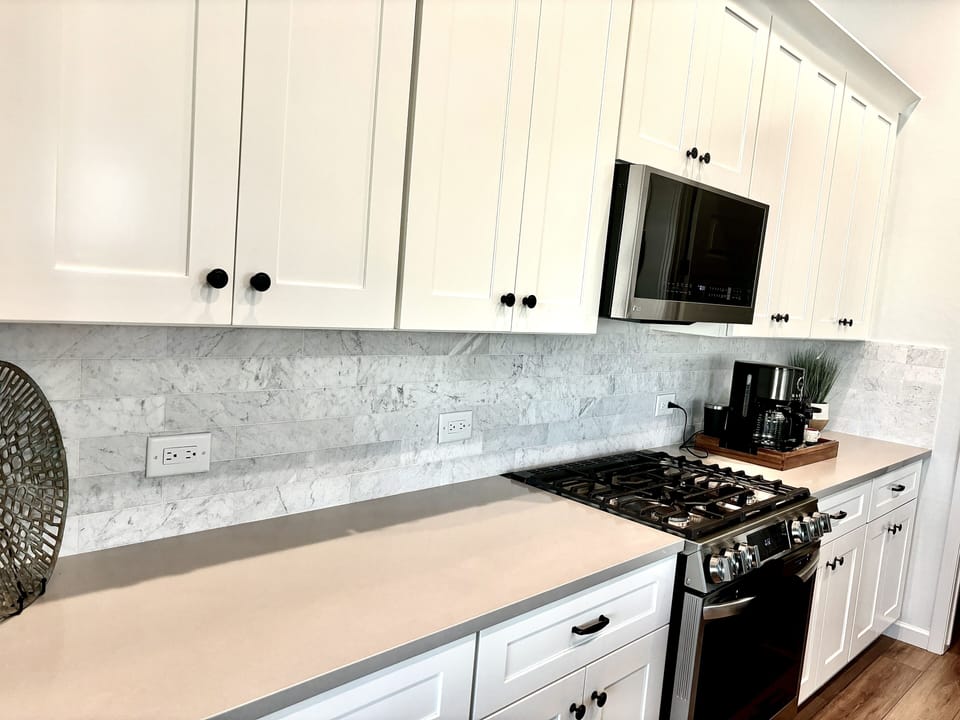 Marble backsplash and coffee bar
