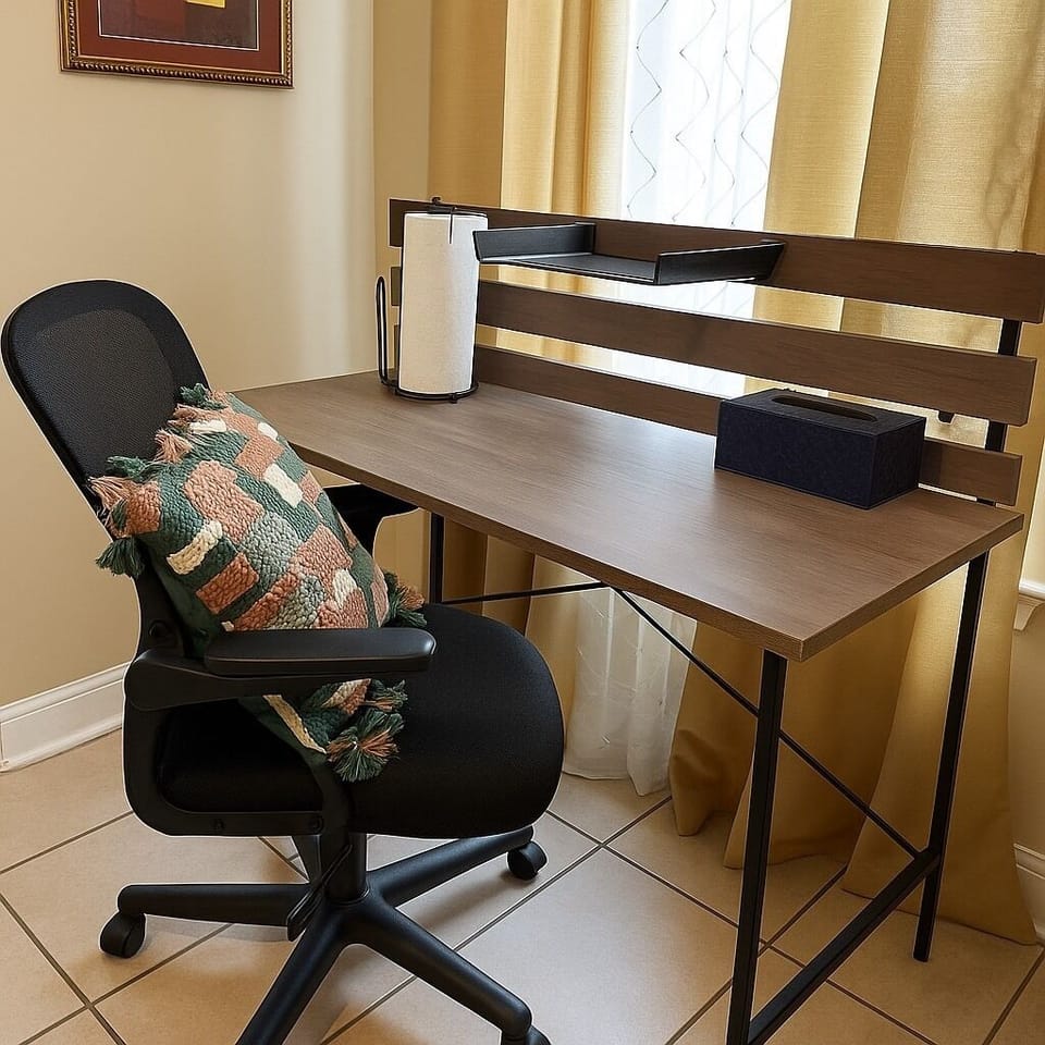 Desk and desk chair, designed to offer a productive workspace for guests. 