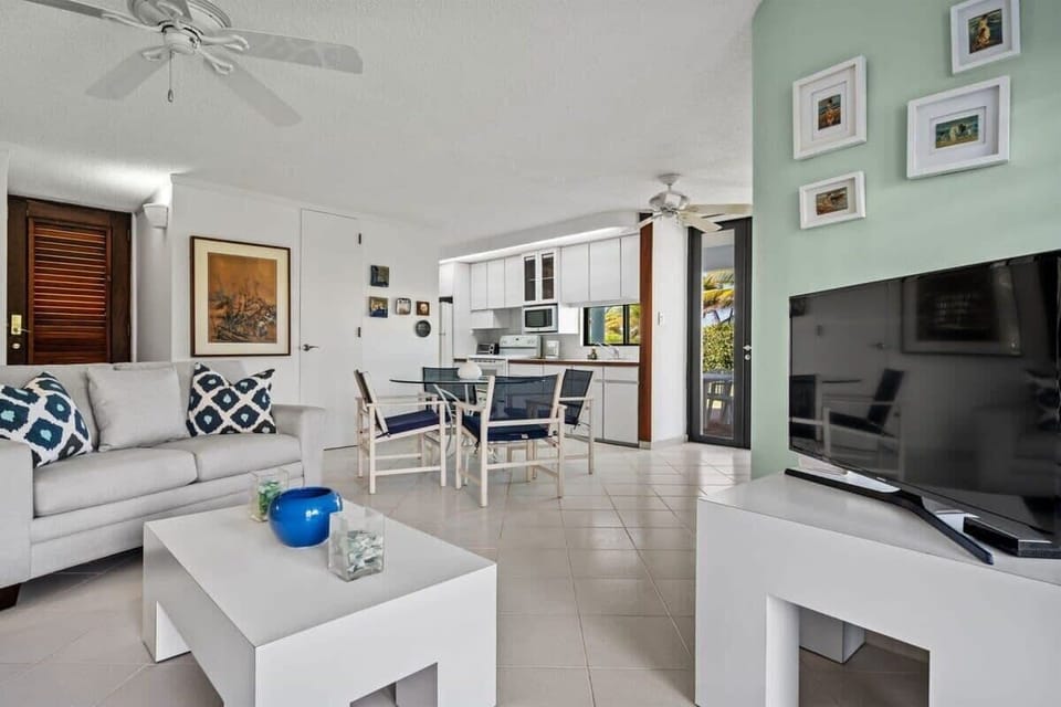 Comfortable open concept apartment with living, dining and fully equipped kitchen