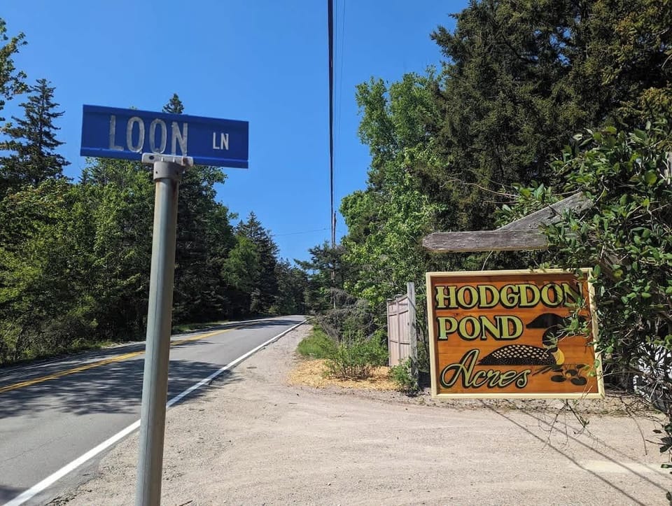 The road signs that indicate the turnoff to the cottage.
