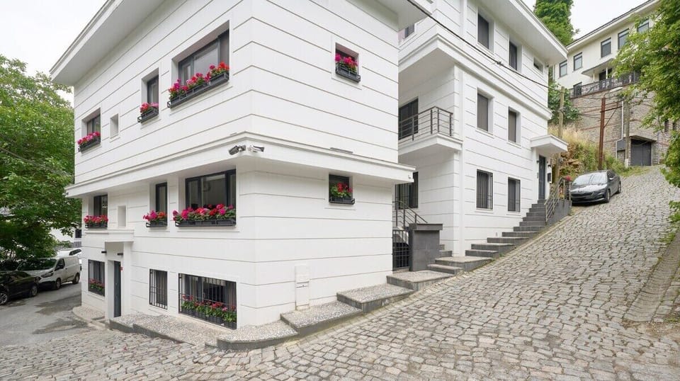 Between the two beautiful white buildings, the small gated door access to the apartment.