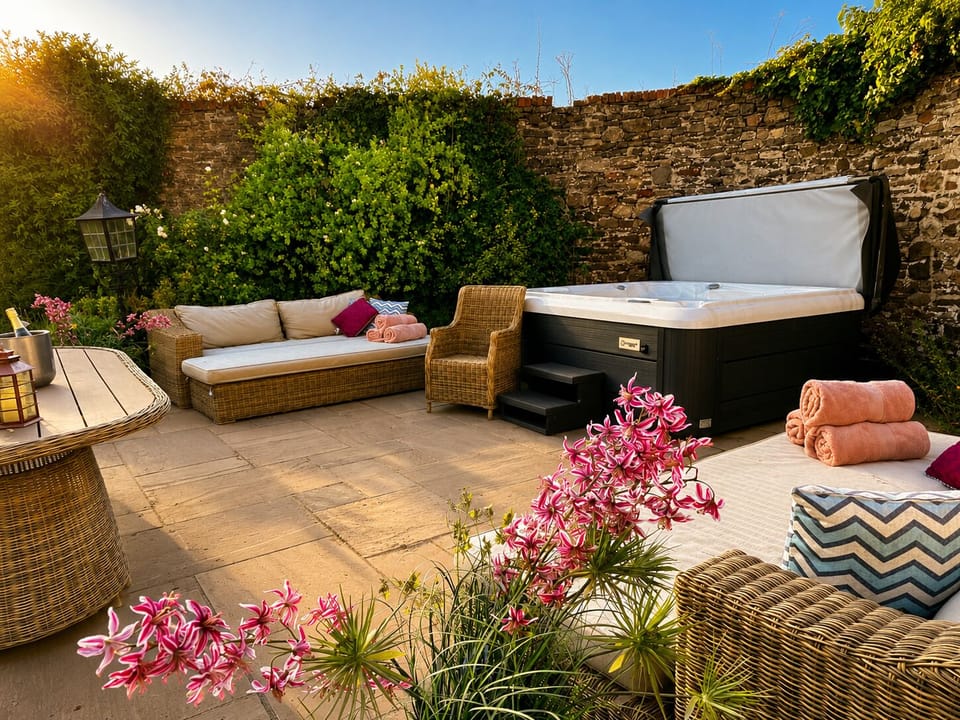 Terrace 3: Hot tub Terrace with sofas, 6 person hot tub and table.