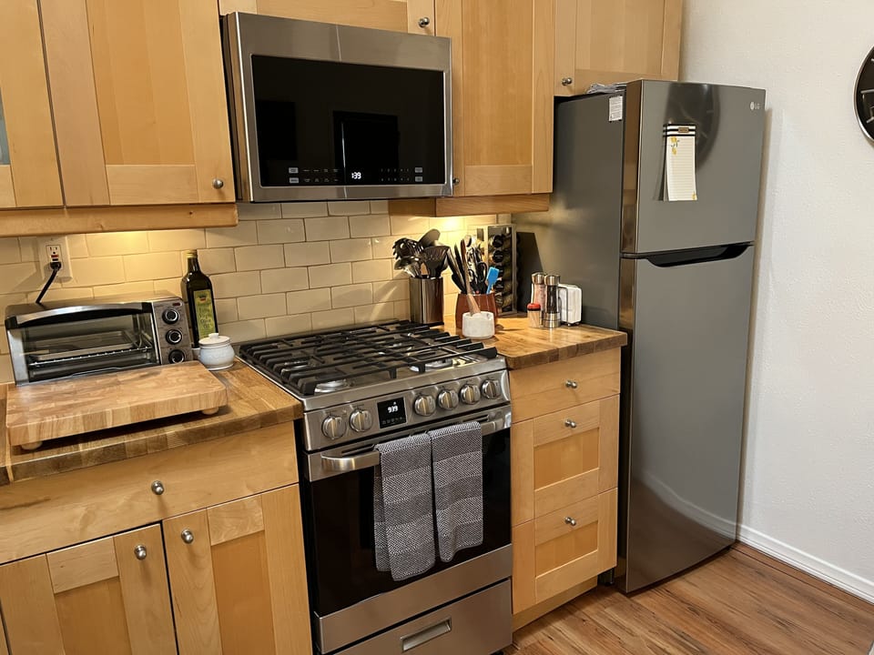 Full size range, microwave and toaster oven