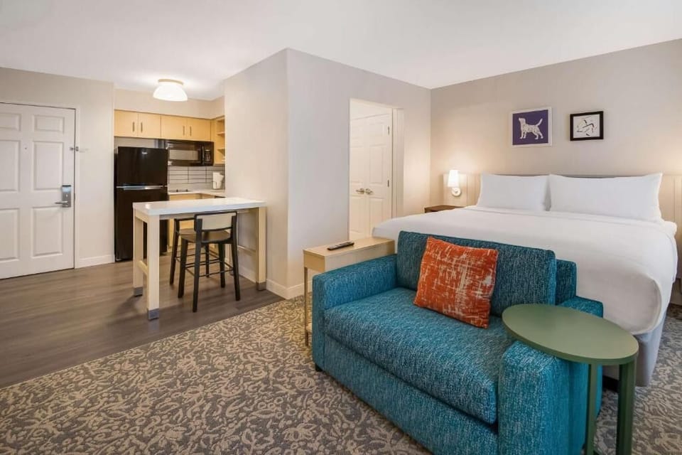 Settle into this spacious studio with cozy sofa and king bed.