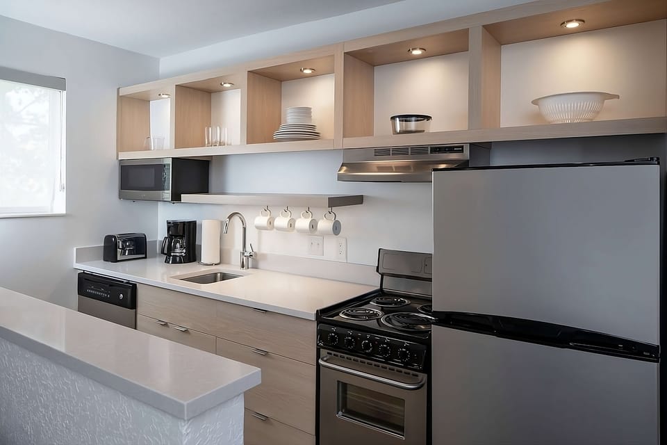 Cook easy meals in a bright, well-equipped kitchenette.
